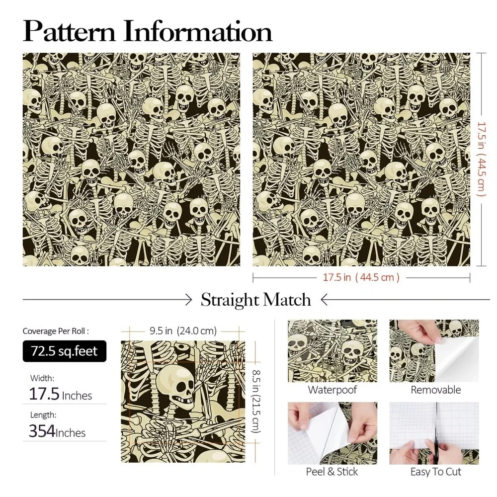 FunStick Skeleton Skull Peel and Stick Wallpaper 17.5in x 354in Removable Vinyl